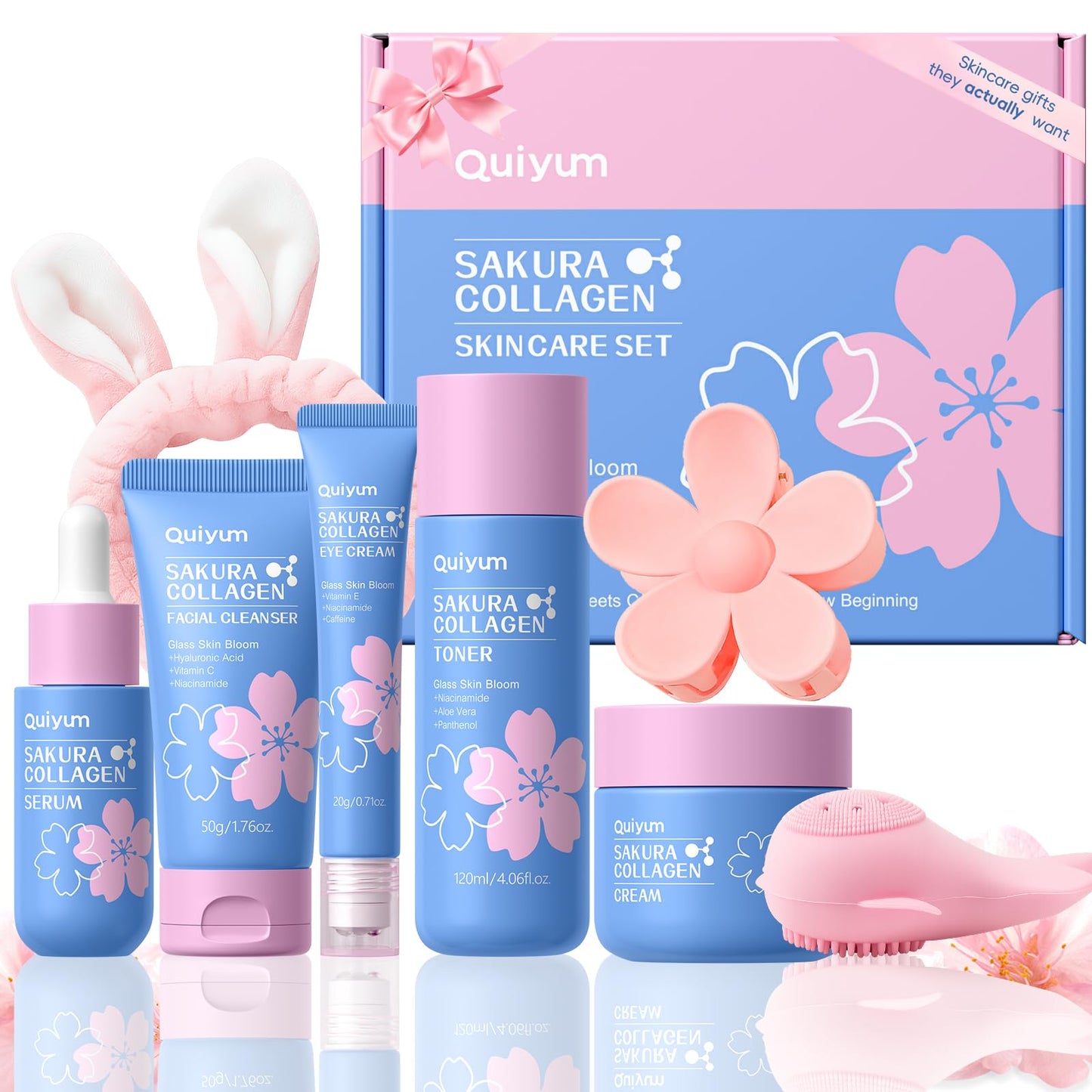 QUIYUM Sakura Collagen Skincare Set - 8-Piece Glass Skin Routine with Cleanser, Toner, Serum, Eye Cream, Moisturizer | Hydration, Firm, Glow for All Skin Types, Skin Care Gift Sets, for Mother's Day