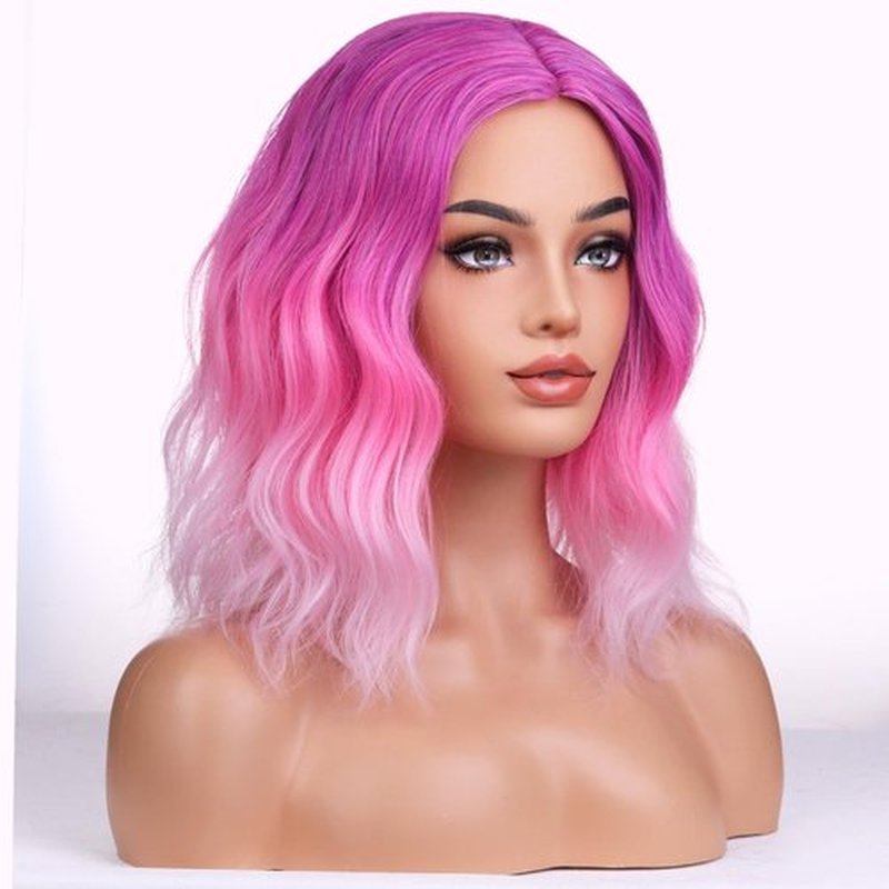 BERON Rose Pink Wigs for Women Short Curly Wavy Wig Girls Middle Part Ombre Pink Purple Colorful Body 14 Inch Heat Resistant Synthetic Hair Wig Cosplay Daily Party Wigs