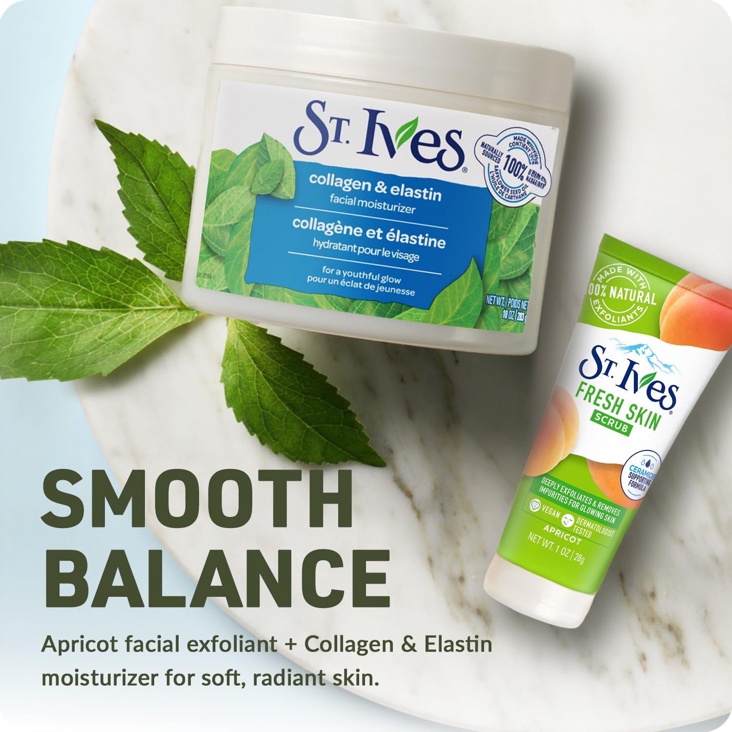 St. Ives Face Care Bundle – Collagen & Elastin Renewing Face Moisturizer + Travel-Size Apricot Facial Scrub, Fresh Skin Exfoliant for a Youthful Glow