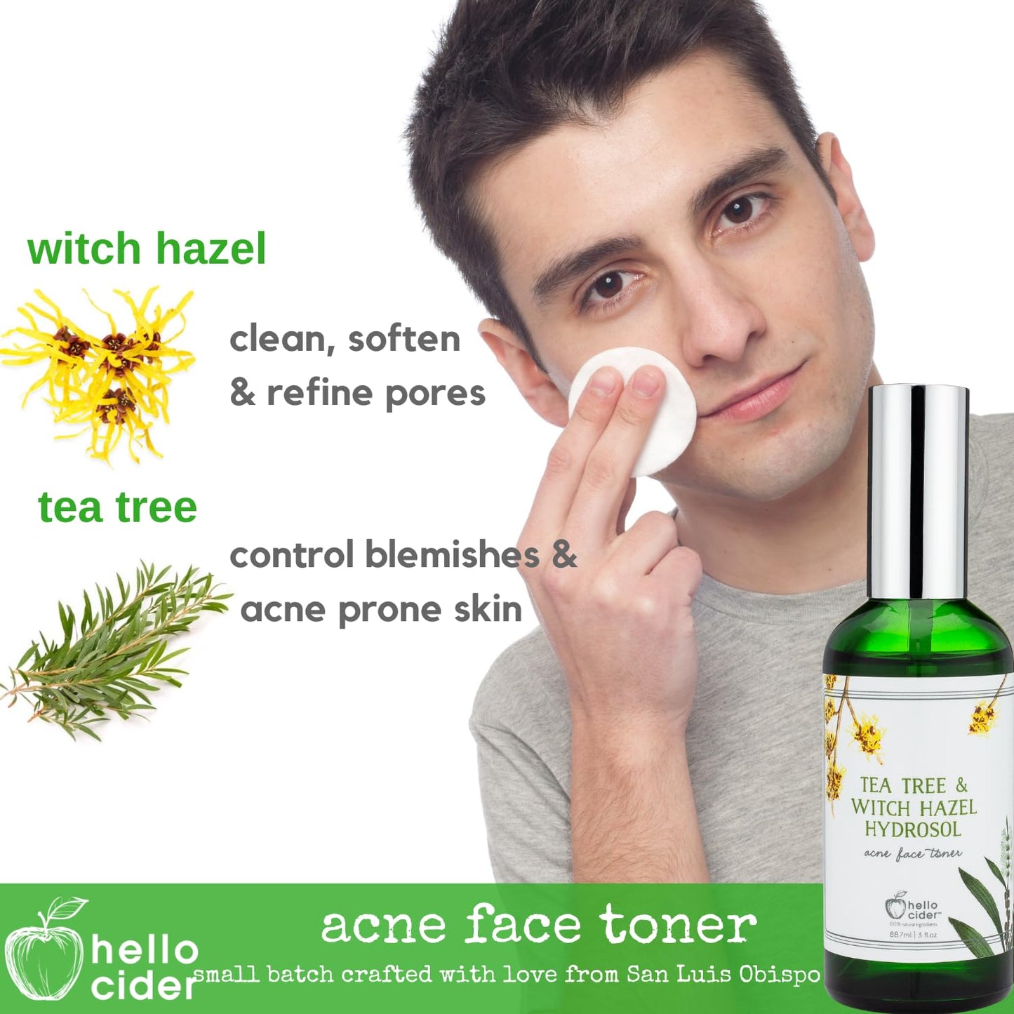 Tea Tree Witch Hazel FACE Toner - Organic Hydrosol, Astringent Facial Spray - Reduce Blemish, Prevent Acnes, Restore pH, Tone. All Skin Type.USA Small Business-Hello Cider
