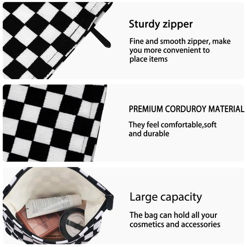 ZLFSRQ Checkered Makeup Bag for Women Girls Large Capacity Black Corduroy Travel Cosmetic Bag Set Makeup Pouch for Purse Zipper Toiletry Organizer Cute Y2K Aesthetic Trendy Makeup Brushes Storage Bag