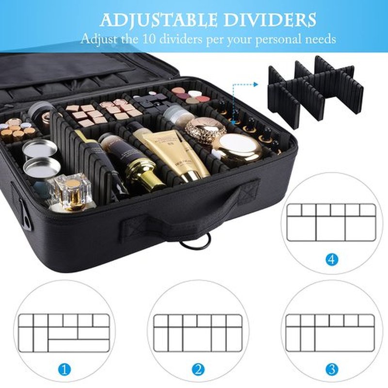 JOURMON Makeup Case Travel Makeup Train Case Organizer Cosmetic Bag Portable with Adjustable Dividers and Shoulder Strap for Makeup Brushes Toiletry Travel Accessories(Pure Black, L)