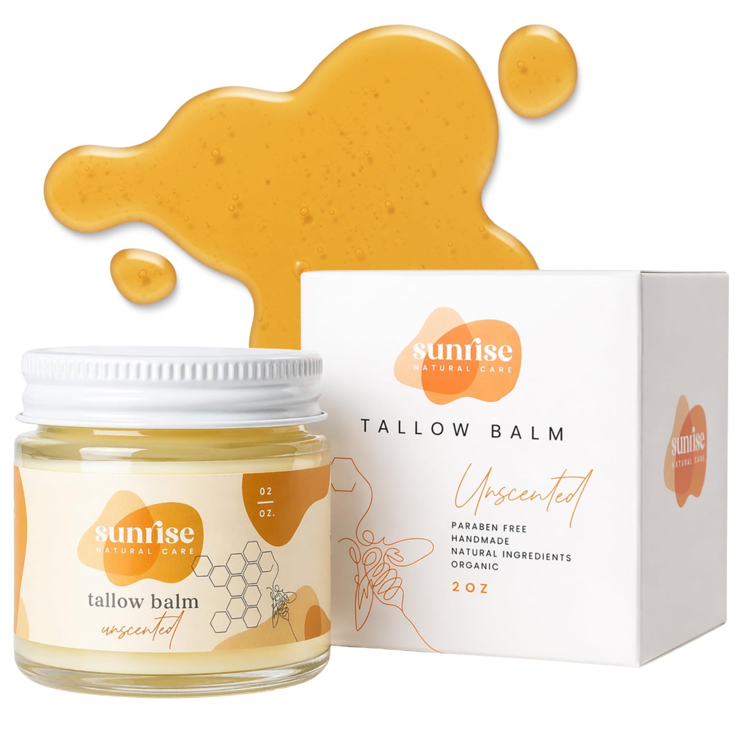 Sunrise Natural Care Unwhipped Honey and Tallow Balm - Travel Size - Face and Body Moisturizer - Organic Ingredients - No Fillers - 100% Grass Fed Beef Tallow (2 Ounce (Pack of 1), Unscented)