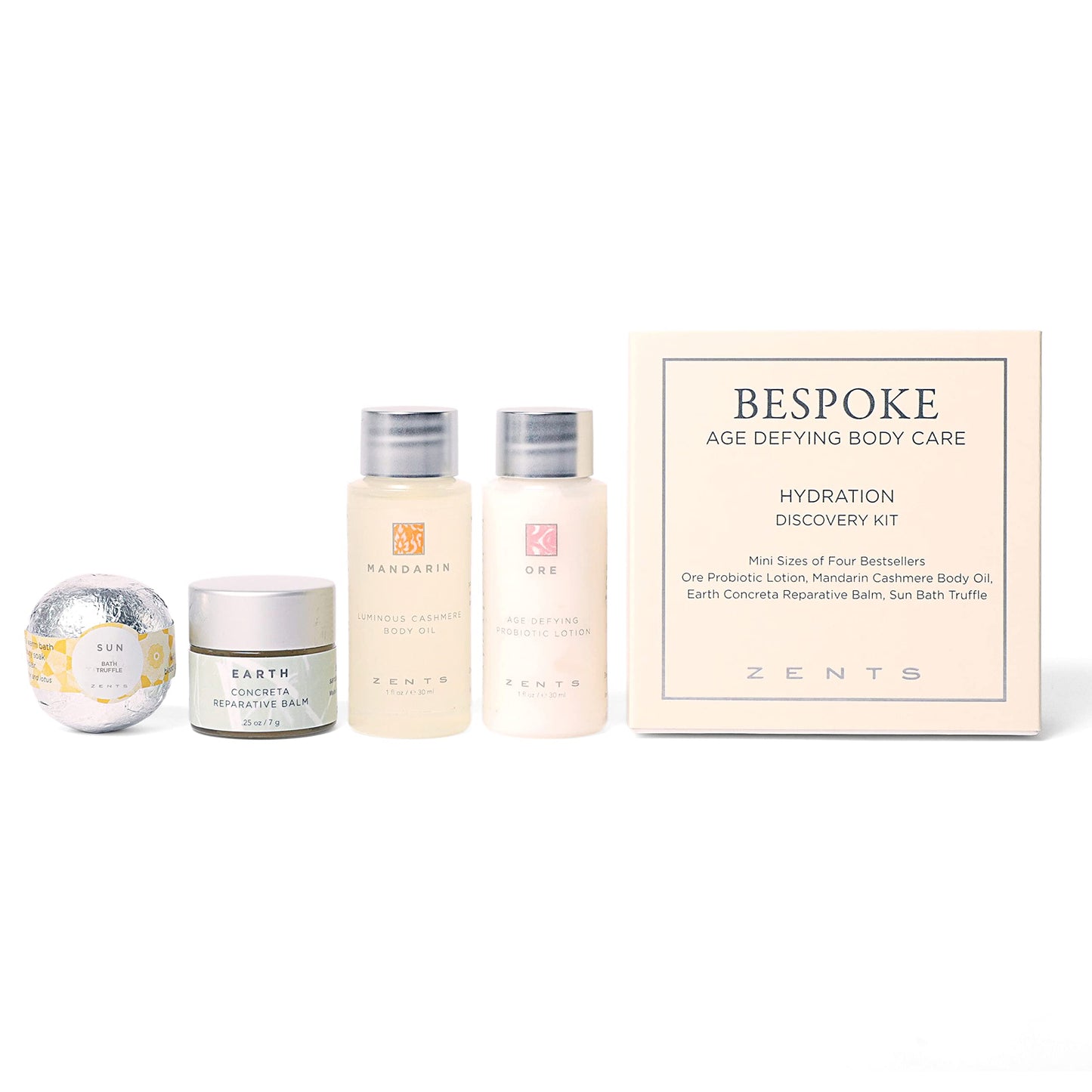 Zents Hydration 4-pc Mini Set, Age defying Best Sellers Hydration Kit with Ore Probiotic Lotion, Mandarin Body Oil, Earth Reparative Balm & Sun Bath Bomb
