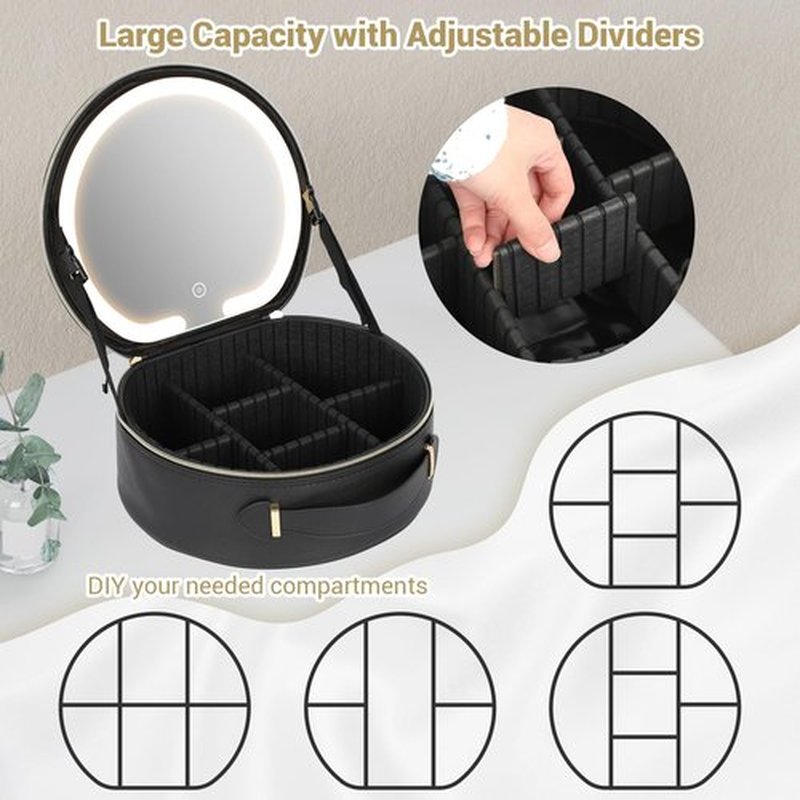 Aiborke Travel Makeup Bag with Led Mirror Makeup Case with Lighted Mirror Cosmetic Organizer bag with Adjustable Dividers and 10x Magnifying Mirror (Black-round)