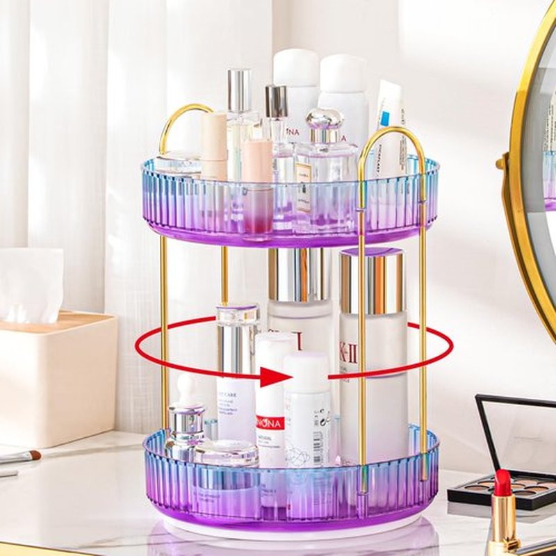 shuang qing Rotating Makeup Organizer for Vanity 2 Tier, High-Capacity Skincare Clear Make Up Storage Perfume Organizers Cosmetic Dresser Organizer Countertop 360 Spinning（Purple）
