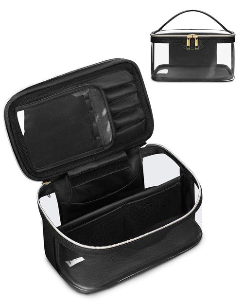 Wandering Nature Clear Makeup Bag,Transparent Makeup Case,Wide Opening Make up Bag, Travel Make Up Organizer Cosmetic Brush Bags for Women with Divider and Brush Compartment, Black(Patent Pending)