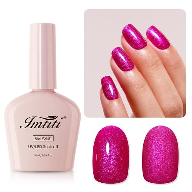 Imtiti Glitter Gel Nail Polish, Hot Pink Iridescent Glitter Gel Polish Soak Off LED U V Shimmer Sparkle Nail Gel Polish DIY Nail Art Starter Manicure Salon Gel Nail Polish Kit for Women Girls 10ML