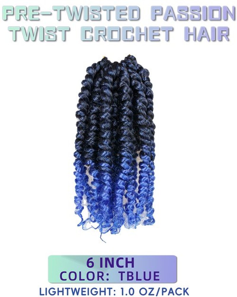 hahoness 6 Inch 8 Packs Pre Looped Passion Twist Crochet Hair for Black Women and Kids-Ombre Blue, Super Soft Bouncy Synthetic Braided Hair Extensions(6 Inch-8 Packs,T1B/Blue)