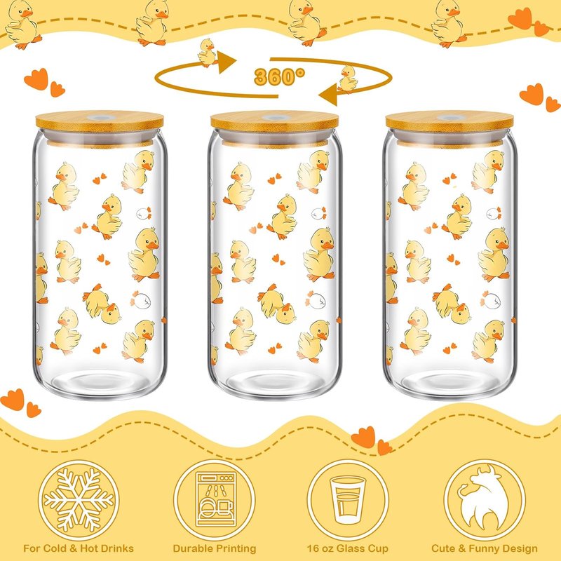 Skylety Duck Gifts Set - 16oz Glass Cup with Lid & Straw | Cute Makeup Bag for Duck Lovers