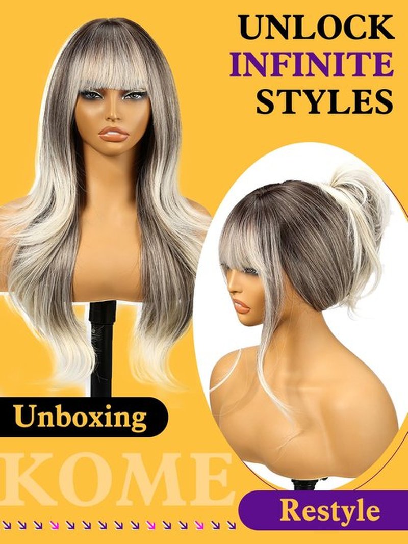 KOME Ombre Grey Wigs with Bangs,Long Layered Wig for Women,Long Wavy Wigs Synthetic Hair Wig for Party Daily Use 26IN