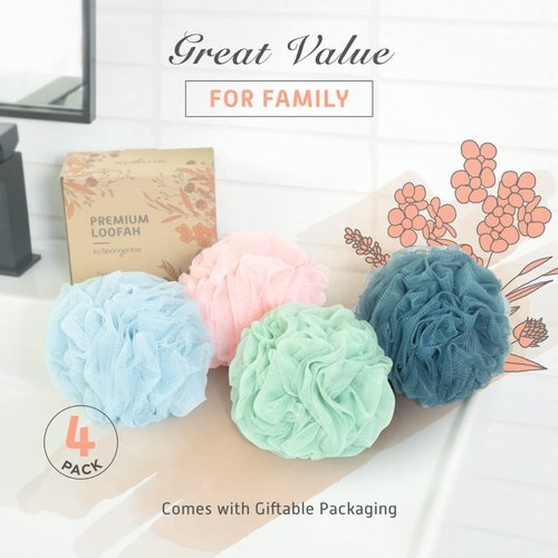 Spongentle Premium Deep Cleansing Loofah Sponge for Radiant Skin, Pack of 4, Bath and Shower, Exfoliating Body Scrubber, Beautiful Colors for Women and Men