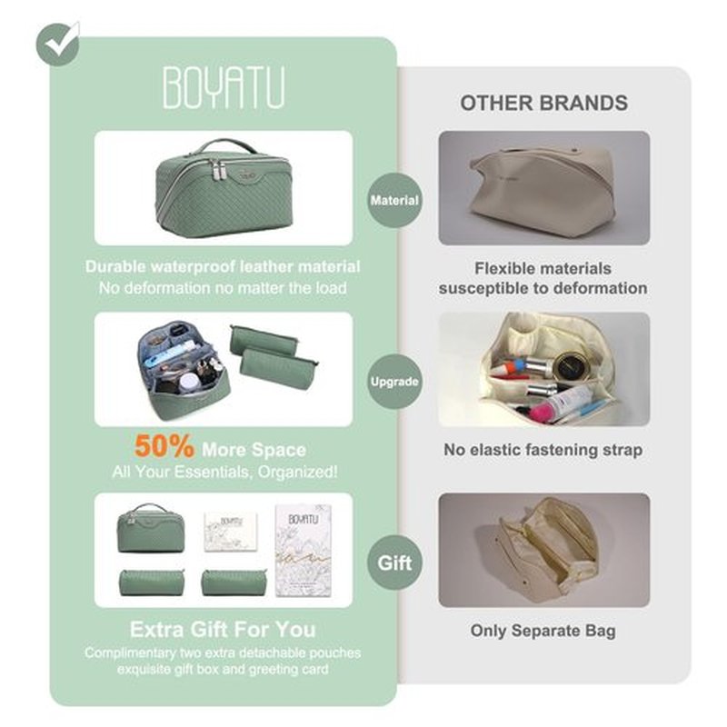 BOYATU Makeup Bag Travel Cosmetic Case: Large Capacity Woven Cosmetic Bag Organizer - Portable Toiletry Bags with Handle for Women 1-Z-Grass Green