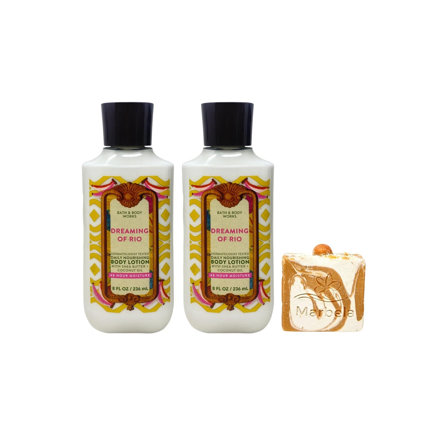 Bath & Body Works Dreaming Of Rio 2 Body Lotions with a Peach Gardenia Bar Soap