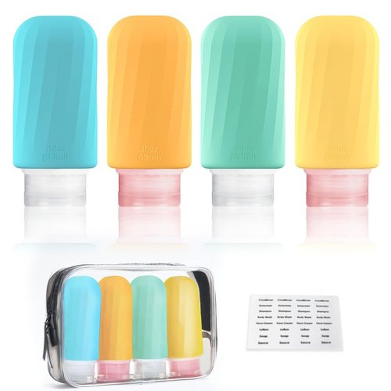 Portable Silicone Travel Bottles Set for Toiletries, 4 Pack TSA Approved Travel Size Containers with Toiletry Bag, 3oz Leak Proof Refillable Liquid Travel Accessories for Shampoo Conditioner…