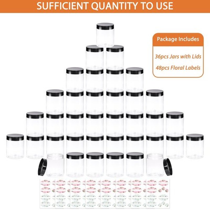 Jaisie.W 8oz Plastic Jars with Lids 36Pack, 8fl.oz Plastic Containers with Lids- Clear Food-grade Plastic Storage Containers with Black Screw Lid for Liquid and Solid Products (8fl.oz, 36Pack)