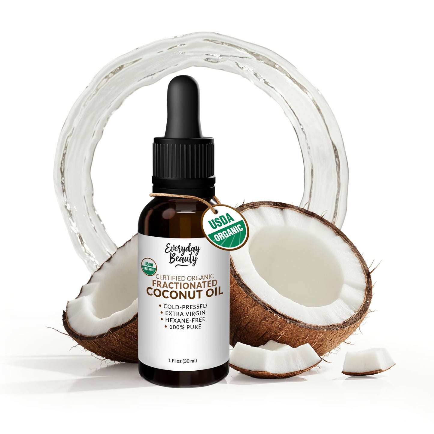 Organic Fractionated Coconut Oil | 100% Pure, Cold-Pressed | USDA Certified Organic | Amber Glass Bottle with Glass Dropper | For Face, Skin, & Hair - 1 Fl Oz