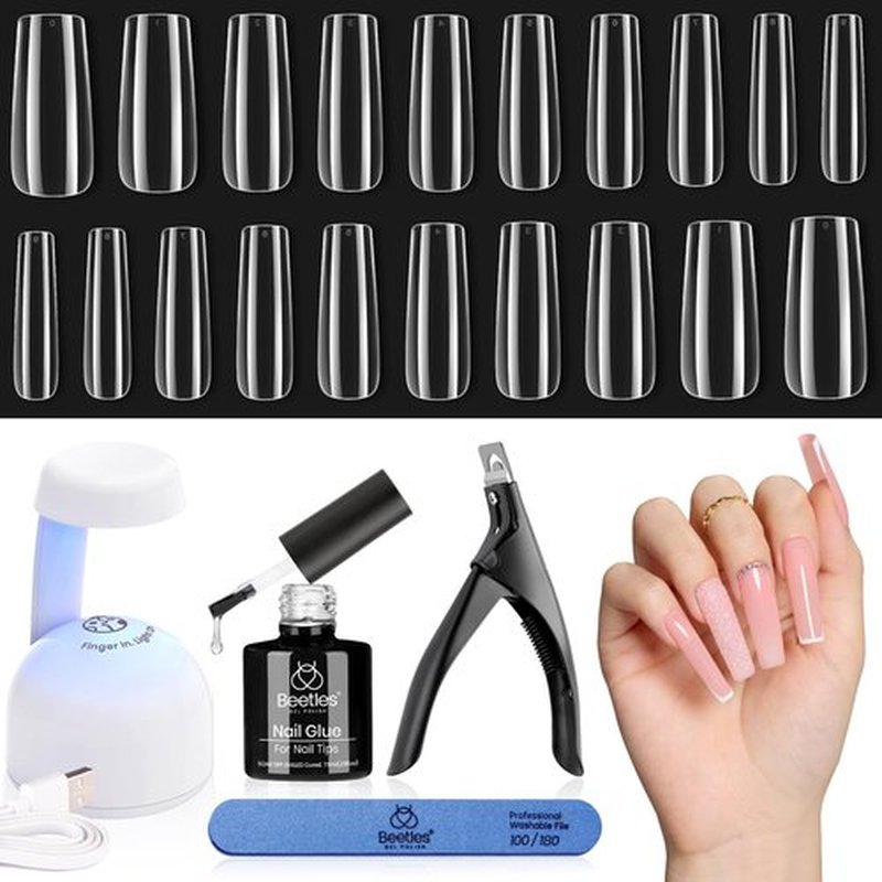 Beetles Gel Nail Kit Easy Nail Extension Set, 240 PCS long square Gel nail tips full cover with 5 In 1 Nail Glue Base Gel and Innovative Uv Led Lamp Easy Diy Nails Art Home Gelly Tips Acrylic Nails