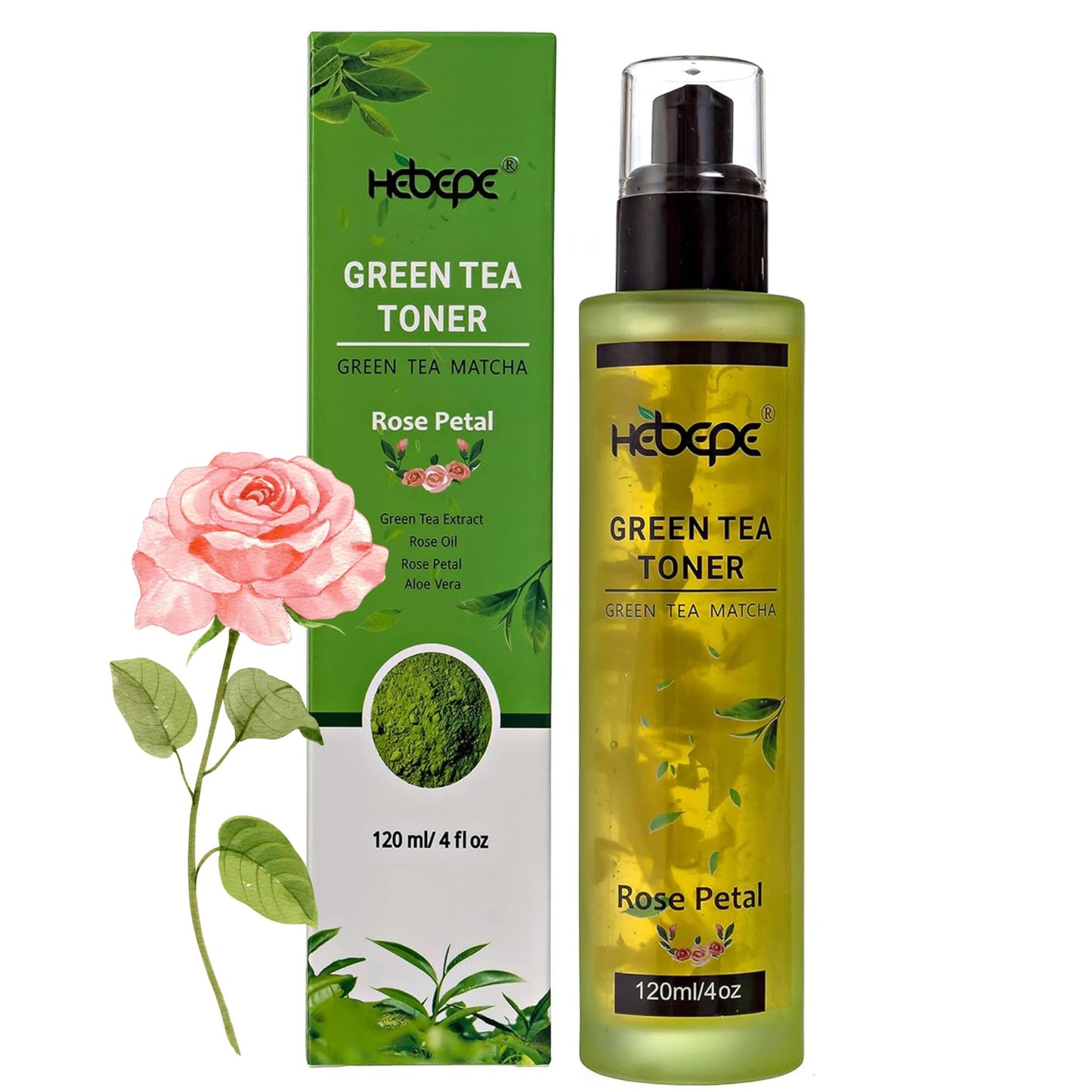 Hebepe Green Tea Matcha Facial Toner with Rose Petal, Refreshing, and Soothing Face Toner, with Rose Oil, Aloe Vera,120ml