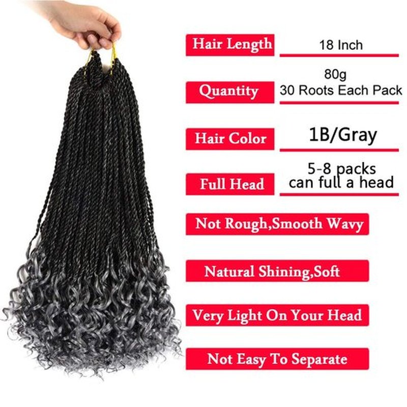 HVN-KVVM 18 Inch Senegalese Twist Crochet Hair with Curly Ends Prelooped Goddess Box Braids Crochet Hair for Black Women Salt and Pepper(5 Packs,1B/Gray)