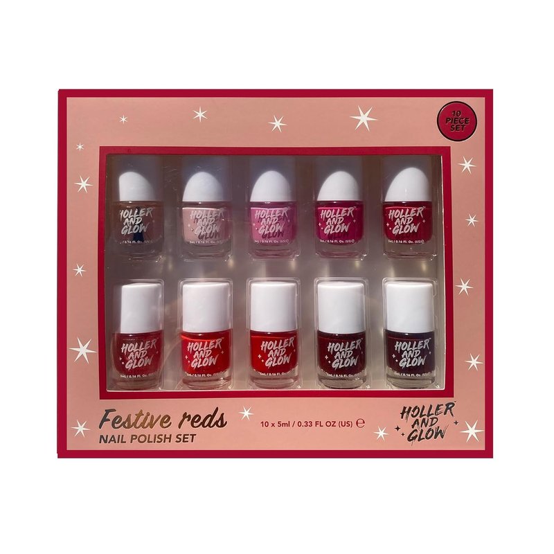 Festive Reds Mini Nail Polish Gift Set - 2-in-1 Base & Top Coat, Long Wear Quick Dry | 10 Piece Kit for Teen Girls & Women