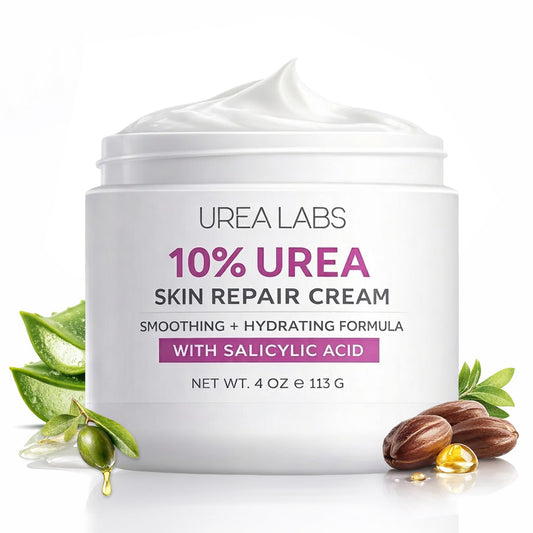 UREA LABS 10% Urea Cream with Aloe Vera, Jojoba Oil and Salicylic Acid - 150ml Hydrating Moisturizer for Dry, Chapped Hands, Feet, Face & Body - Repairs, Soothes & Nourishes Rough, Dry Skin - 4 Oz