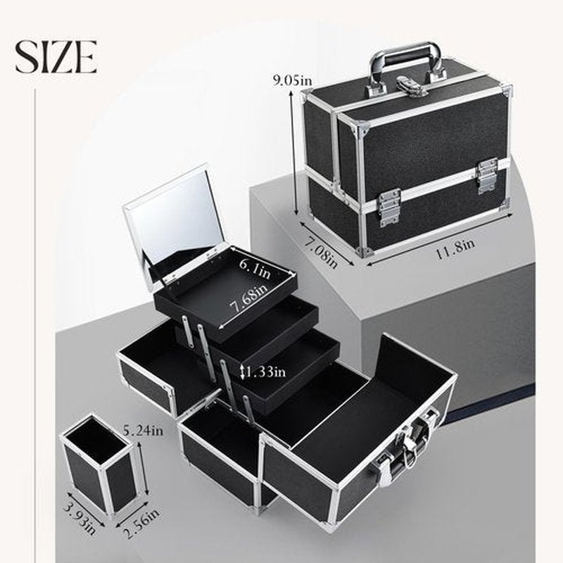 FRENESSA Makeup Train Case 11.8 Inch Extra Large Makeup Organizer Case 3 Trays with Mirror Cosmetic Travel Storage Box for Makeup Artist Nail Tech Craft Supplies Case Black