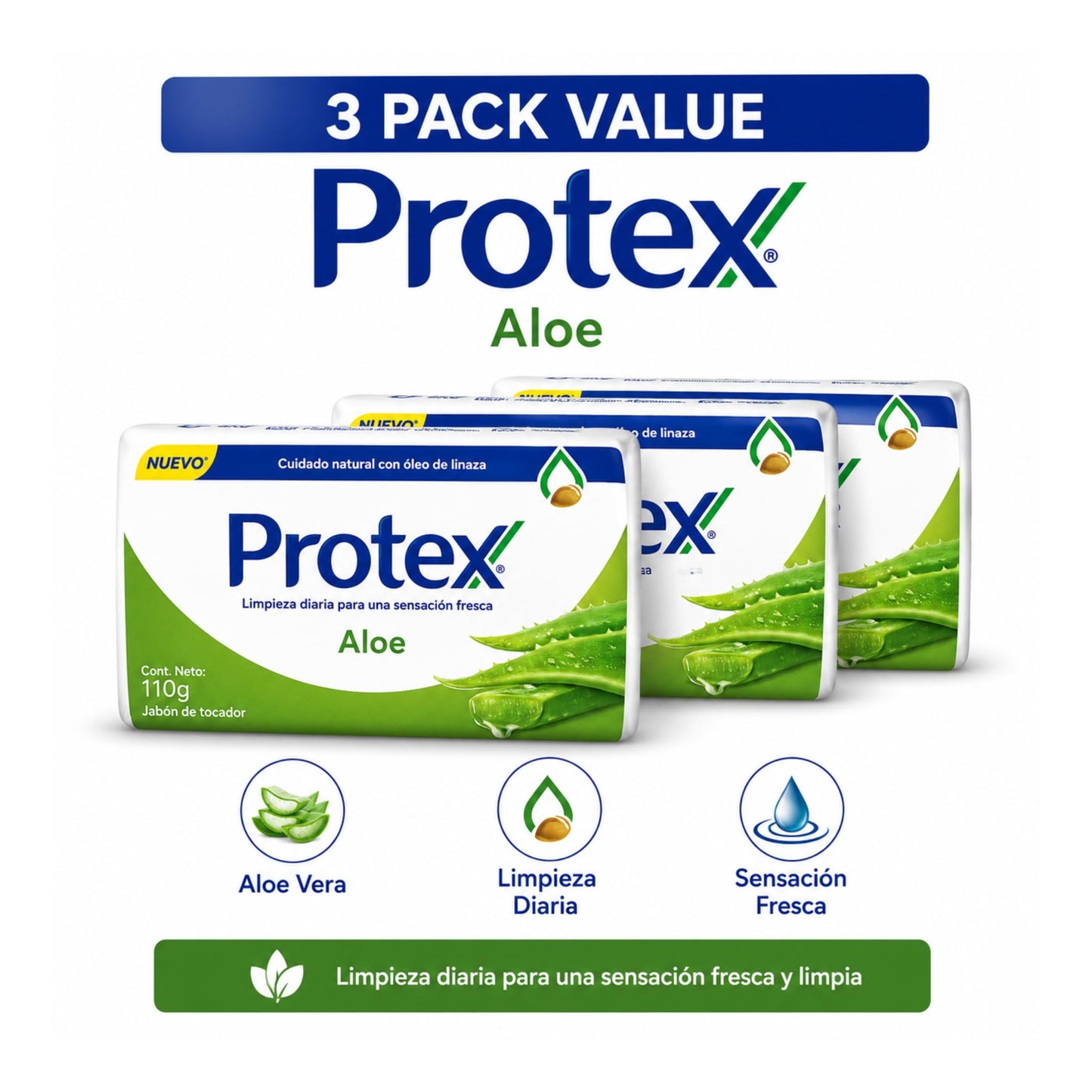 Protexx Aloe Body Soap Bars, 3 Pack, 110g Each, Daily Cleansing Bath Soap with Aloe Extract
