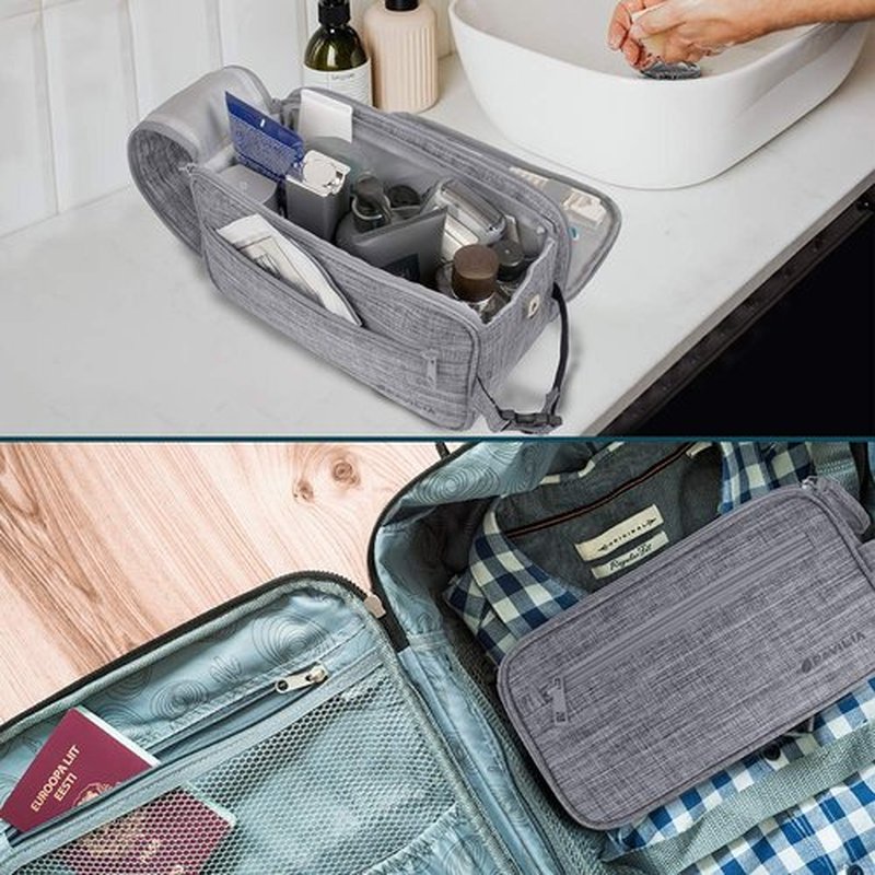 PAVILIA Toiletry Bag for Men, Travel Essentials Shaving Dopp Kit, Mens Travel Bag Toiletries Organizer Case for Grooming, PU Leather Water Resistant Cosmetic Bag Pouch (Heather Grey)