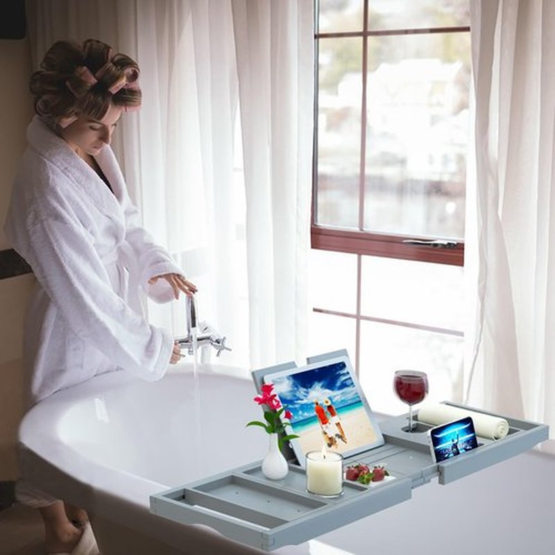 Premium Bamboo Bathtub Caddy Tray - Bath Tray - Bath Tub Tray Table for Bathtub - Bath Caddy Tray for Bathtub, Expandable Size, Fits Most Bath Tubs - Grey
