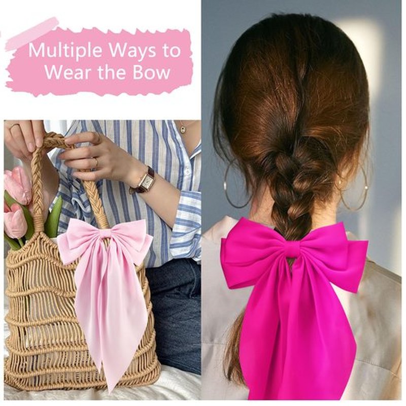 Atoden Hair Bows Silky Satin Bows for Hair Ribbons 4Pcs Coquette Oversized Long Tail Hair Bow Clips Barrettes Big Bowknot Hair Accessories for Women Girl Trendy Stuff Gifts (Pink Red)