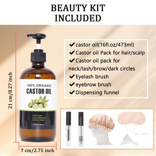 Allcucut Castor Oil Organic(16fl.oz/473ml in Glass Bottle), Growth for Hair Eyelashes Eyebrows, Organic Cotton Castor Oil Pack Wrap for Hair Neck Dark Circles, Gifts for Her Women