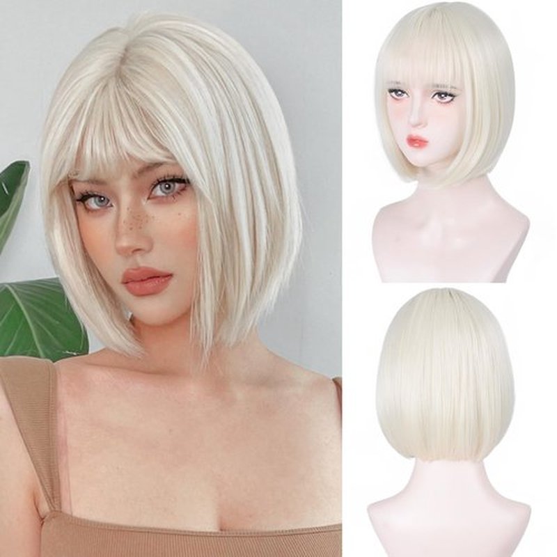 Platinum Blonde Bob Wigs - 12'' Short 613 Bob Wigs for Women Platinum Blonde Bob Wig With Bangs Super Soft and Easy to Wear Straight Bob Wig, Colorful Synthetic Wig for Daily, Cosplay, Halloween