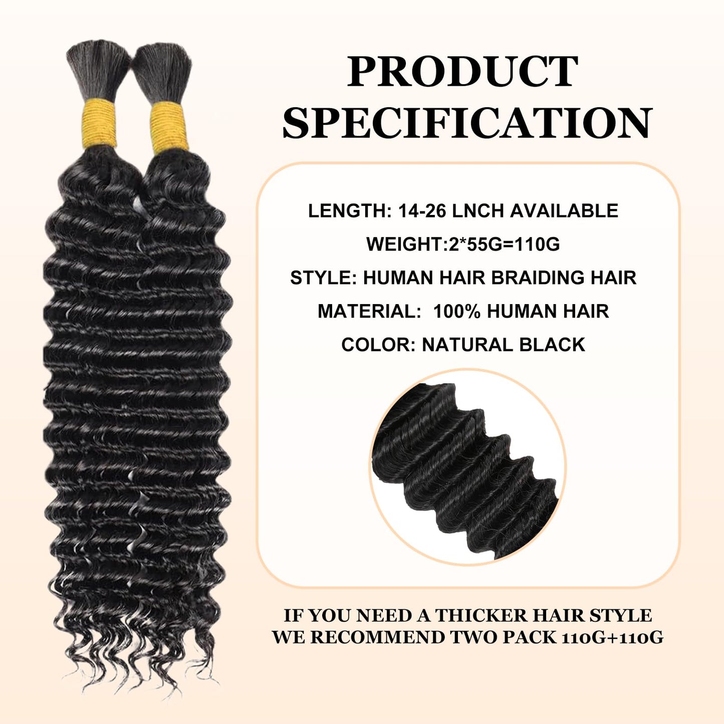 Human Braiding Hair for Boho Braids 2 Bundles 110g 22 Inch Deep Wave Bulk Human Boho Hair for Braiding No Weft Bundle 100% Brazilian Virgin Hair Extensions Curly Human Hair for Boho Knotless Braids
