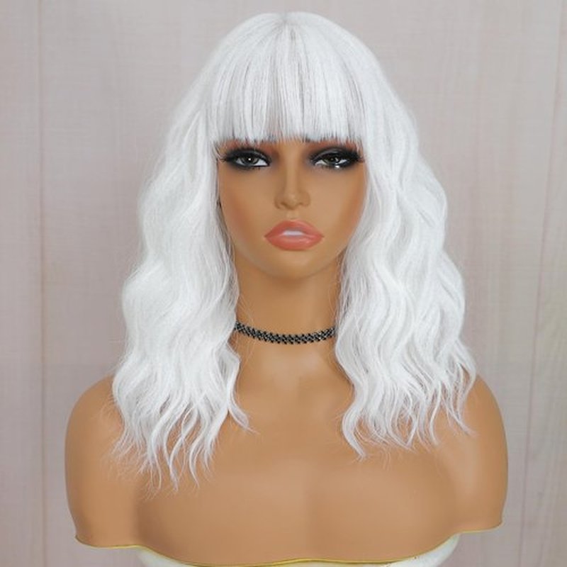 BEAUTIFA White Wig with Bangs for Women 14 Inch Shoulder Length White Wigs Short Bob Wavy Curly Wig Heat Resistant Synthetic Colorful Wig