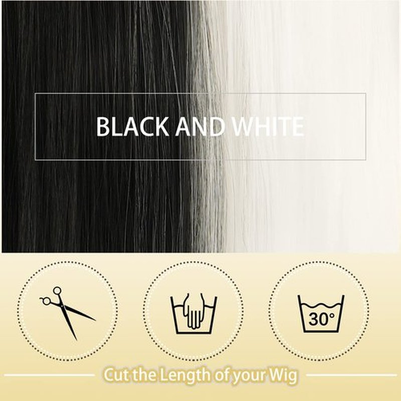 SOFEIYAN Long Straight Wig with Bangs Black&White Synthetic Hair Replacement Wigs Heat Resistant Full Wig for Women Girls 26 inches