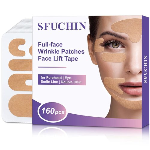 Sfuchin Wrinkle Patches, 160 PCS Face Tape, Pre Cut Kinesiology Full Face Tape for Wrinkles, V Line, Forehead, 11's, Frown, Eye, Lip - Neck Wrinkle Pads, Overnight Used High Elastic Facial Tape
