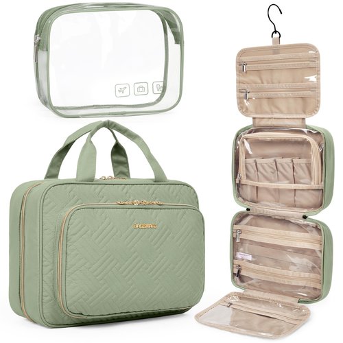 BAGSMART Toiletry Bag Hanging Travel Makeup Organizer with TSA Approved Transparent Cosmetic Bag Makeup Bag for Full Sized Toiletries, Large-Green