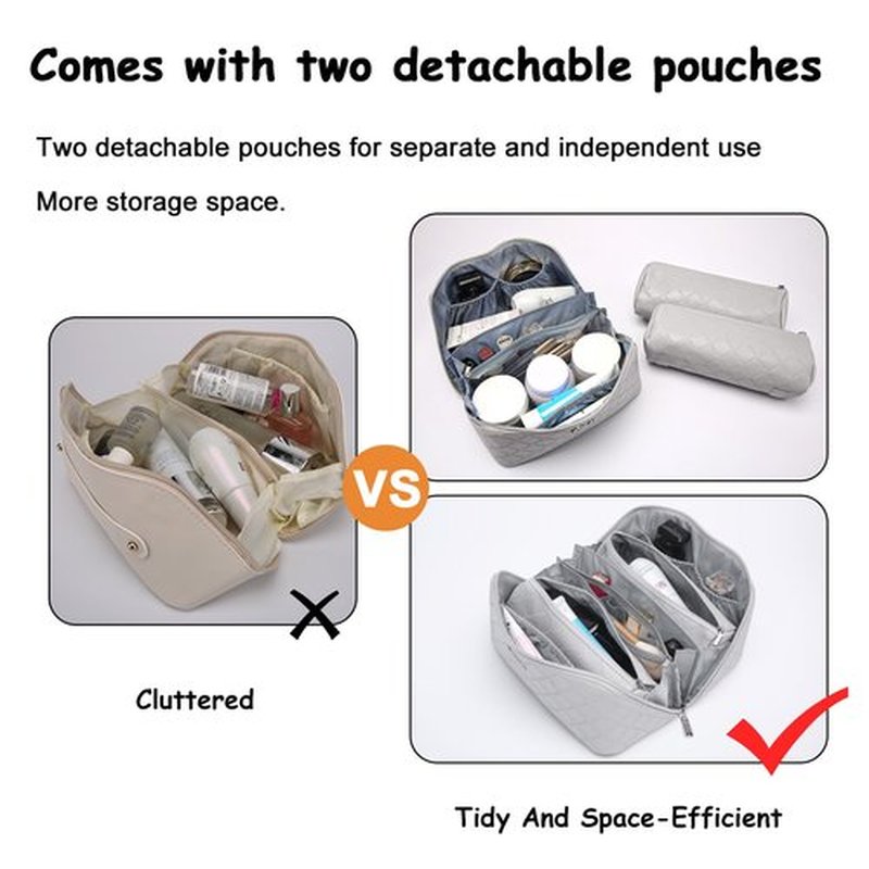 Travel Makeup Bags Cosmetic Organizer Bag: 3-Set Large Capacity Make up Bag - PU Leather Toiletry Bag for Women - Wide Open Portable Pouch with Divider & Handle (07-Gray)