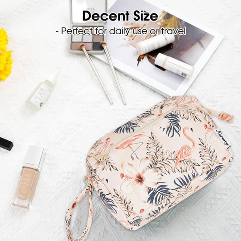 Narwey Large Women Makeup Bag Wide-open Make up Bag Travel Cosmetic Organizer Toiletry Bag for Cosmetics Toiletries Accessories (Beige Flamingo)