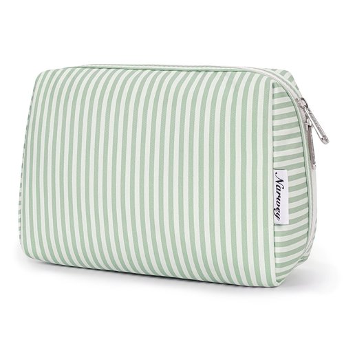 Narwey Cute Makeup Bag Travel Cosmetic Bag Organizer Toiletry Bag Make Up Bags with Compartments for Women (Large, Mint Green Stripe)