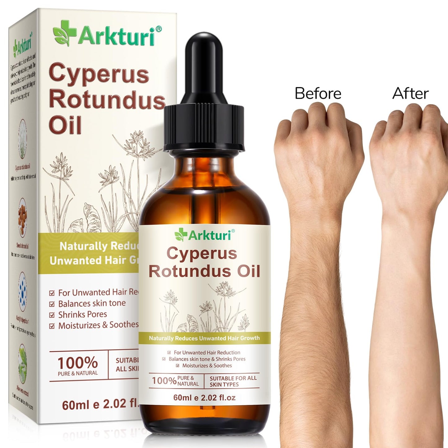 Cyperus Rotundus Oil, Cyperus Rotundus Oil for Hair Removal, Reduces Unwanted Hair Growth, Moisturizing & Soothing, Natural Inhibitor to Reduce Body Hair Growth, Shrink Pores
