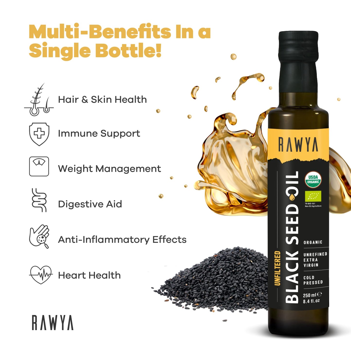 RAWYA Black Seed Oil - Organic Cold Pressed Nigella Sativa - Turkish Origin - USDA Organic - Natural Supplement - Black Cumin Seed Oil - Rich Flavor & High Concentration - 2 PACK - 250ml Glass Bottle