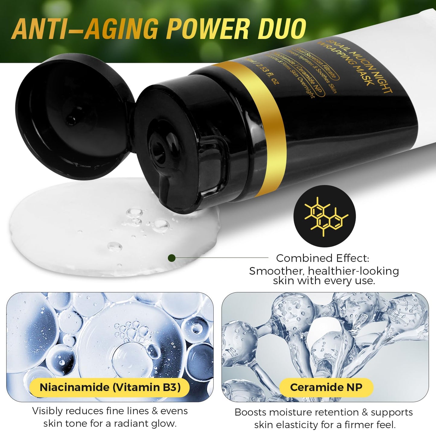 chenyayun 2Pack 9000PPM Snail Mucin Collagen Overnight Wrapping Peel Off Mask for Intensive Hydrating, Skin Barrier Repairing, Reducing Sagging/Wrinkles/Fine Lines, 2.53 Oz/75 ML