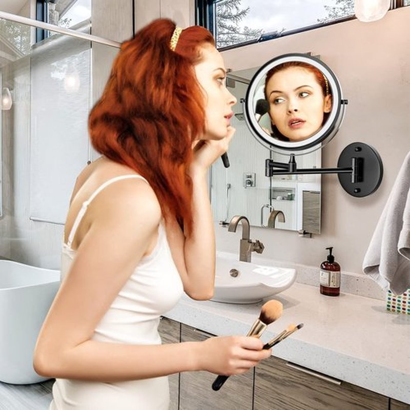 Rocollos Rechargeable Wall Mounted Lighted Makeup Mirror, 8 Inch Double-Sided LED Vanity Mirror 1X/10X Magnification,3 Color Lights Touch Screen Dimmable 360°Swivel (Black, 10X)