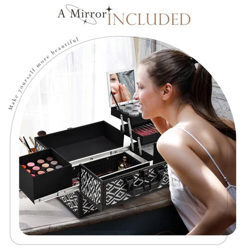 Joligrace Makeup Train Case Organizer Box Professional Multi-Purpose Cosmetic Storage with Sliding Trays, Polish Slots & Mirror, Portable Lockable with Keys, Geometric