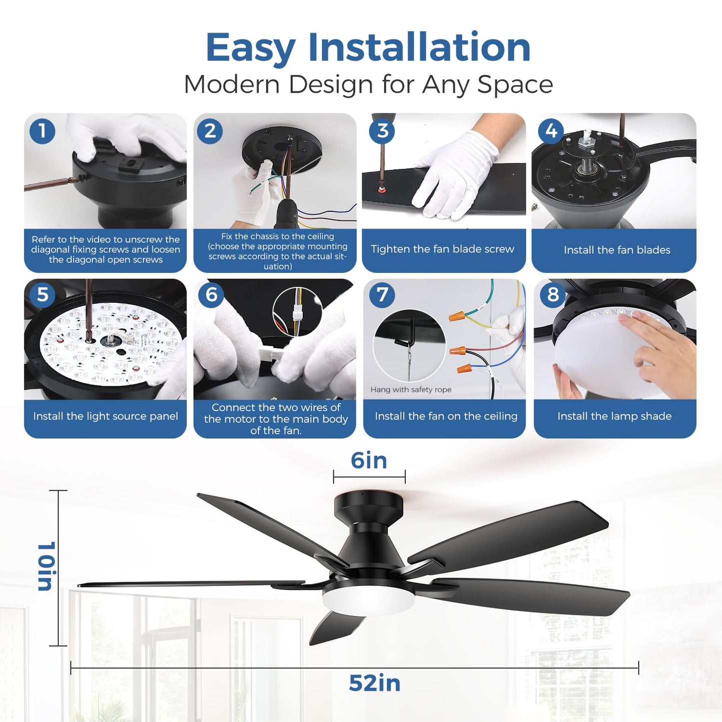 FancyMay 52 Inch Ceiling Fans with Lights,Quiet DC Motor, 6 Speeds, App and Remote Control, Dimmable, 3CCT LED Light, Low Profile Ceiling Fan for Living Room, Bedroom, Black