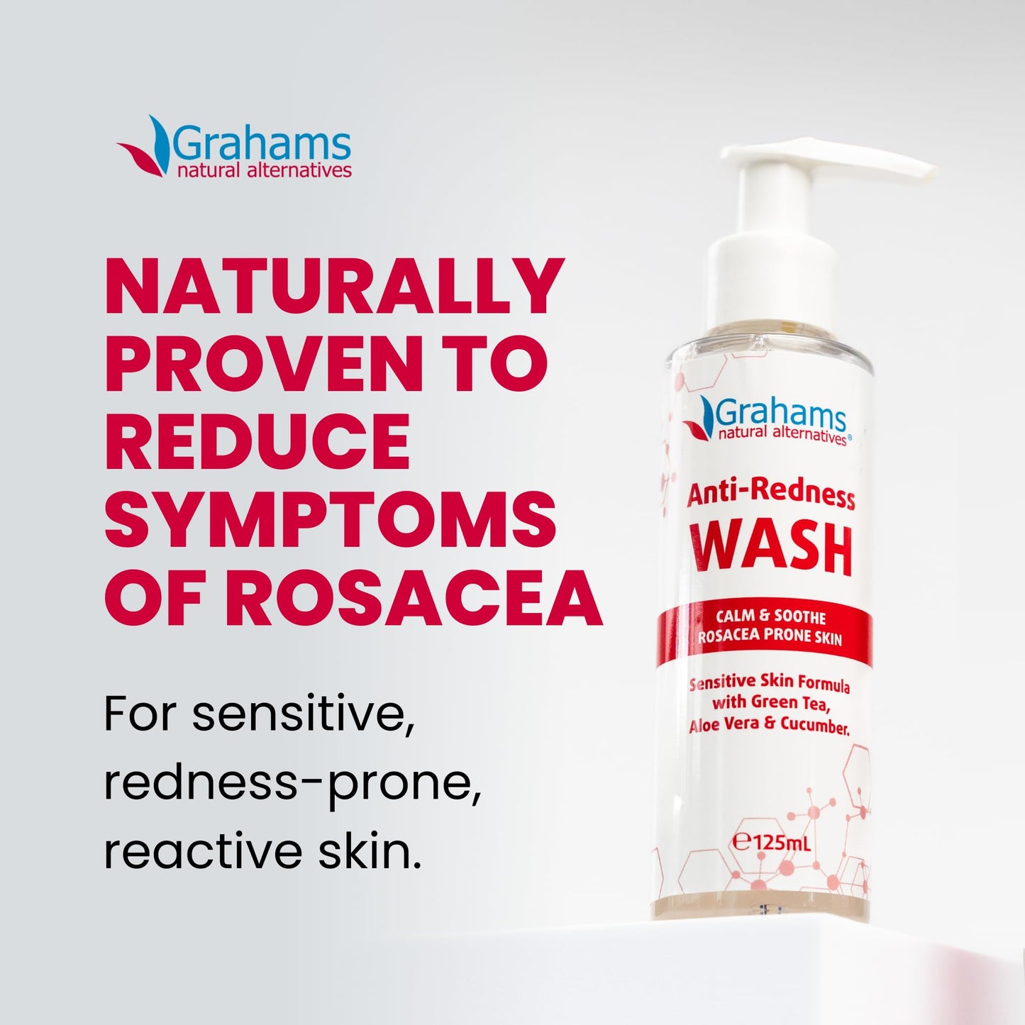 Grahams Natural Anti-Redness Face Wash for Rosacea – Gentle Facial Cleanser to Soothe and Calm Redness-Prone Skin With Green Tea, Aloe Vera and Cucumber | For Sensitive Skin (1 x 4.23 fl oz)