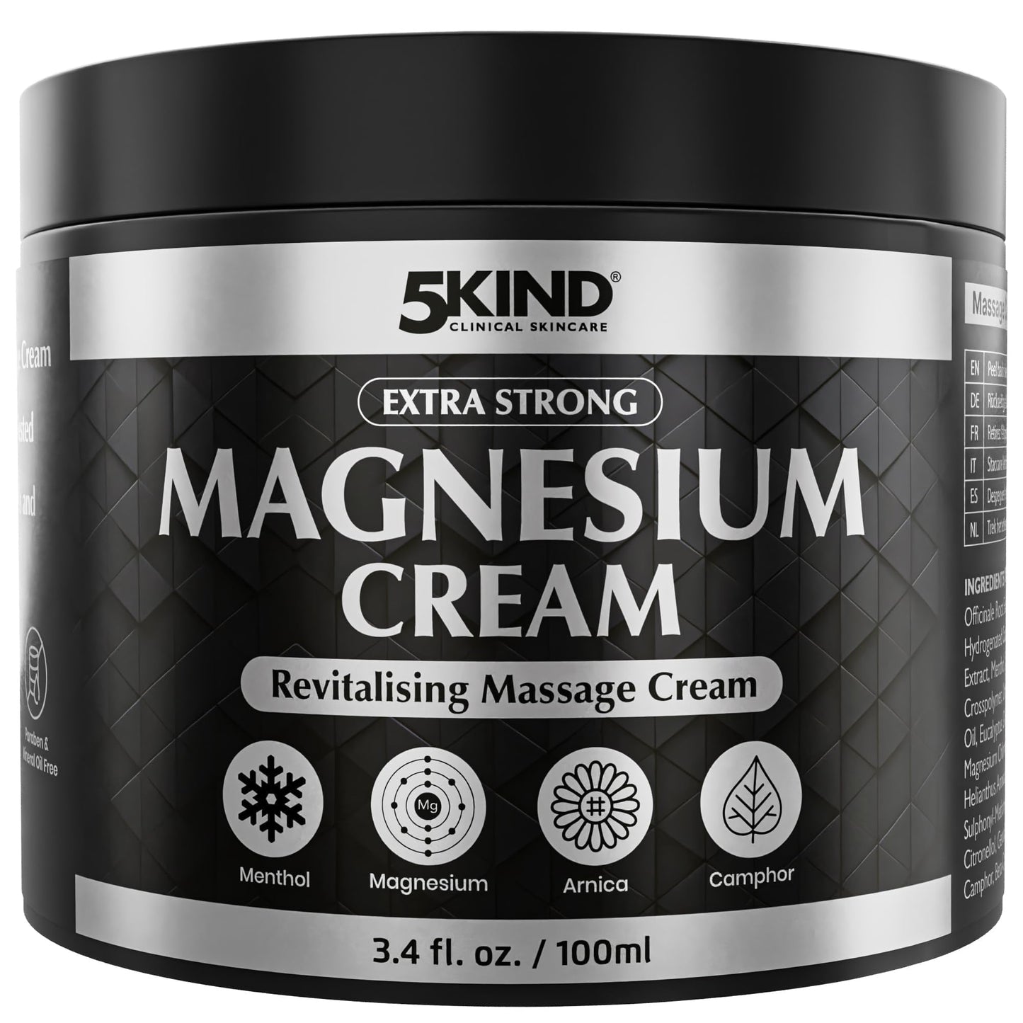 5Kind Extra Strong Magnesium Cream 3.4 fl oz - Magnesium Rub for Muscles, Joints, Lower Back, Knee, Neck, Shoulder, Hip & Feet - Infused with Arnica, Eucalyptus, Comfrey, Menthol & Hemp Oil
