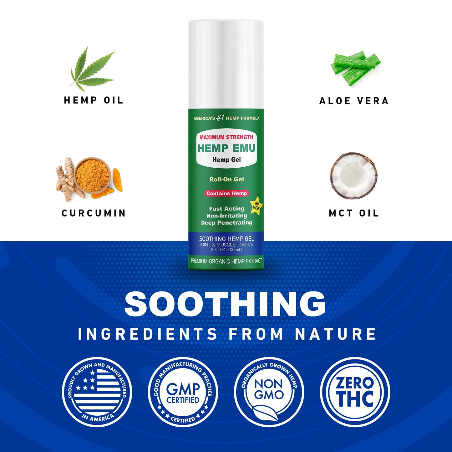 Hemp Emu - Hemp Roll On Gel - Muscle Rub for Back & Joint Discomfort - Soothing Gel with Organic Hemp Oil, Emu Oil, Menthol, Eucalyptus, Aloe Vera